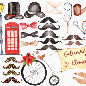Conjunto de clipart de cavalheiro: "GENTLEMAN SET" Clipart aquarela Clipart de bigode Cavalheiro inglês bicicleta vintage Clipart de casamento Clipart de Londres