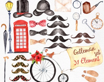 Gentleman clip art set: &quot;GENTLEMAN SET&quot; Watercolor clipart Mustache clipart English gentleman vintage bicycle Wedding clipart London clipart