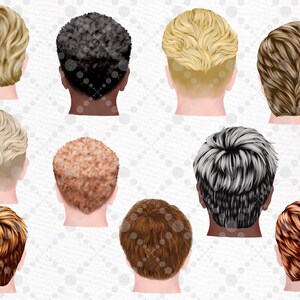 May include: Back view of ten different hairstyles for men. The hairstyles are all short and styled in various ways, including a crew cut, a buzz cut, and a comb-over.