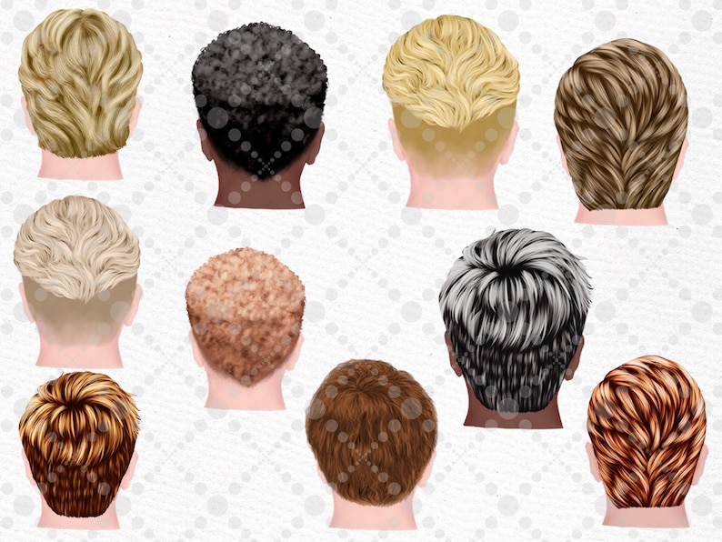 May include: Back view of ten different hairstyles for men. The hairstyles are all short and styled in various ways, including a crew cut, a buzz cut, and a comb-over.