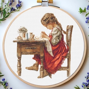 Embroidery Girl Cross Stitch Pattern: &quot;CUTE GIRL EMBROIDERY&quot; Girl Sewing cross pattern Punto de cruz Modern Cross stitch pattern