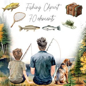 Clipart pêche : « PÈRE FILS PÊCHE » clipart fête des pères papa et garçon pêcheur lac paysage personnalisable clipart famille pêche en plein air