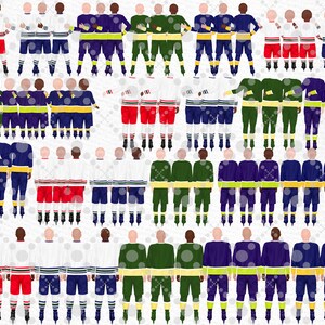 May include: A digital illustration of 40 hockey players standing in rows, wearing different colored jerseys. The players are all facing the viewer and have their arms around each other. The background is white with a pattern of white circles.