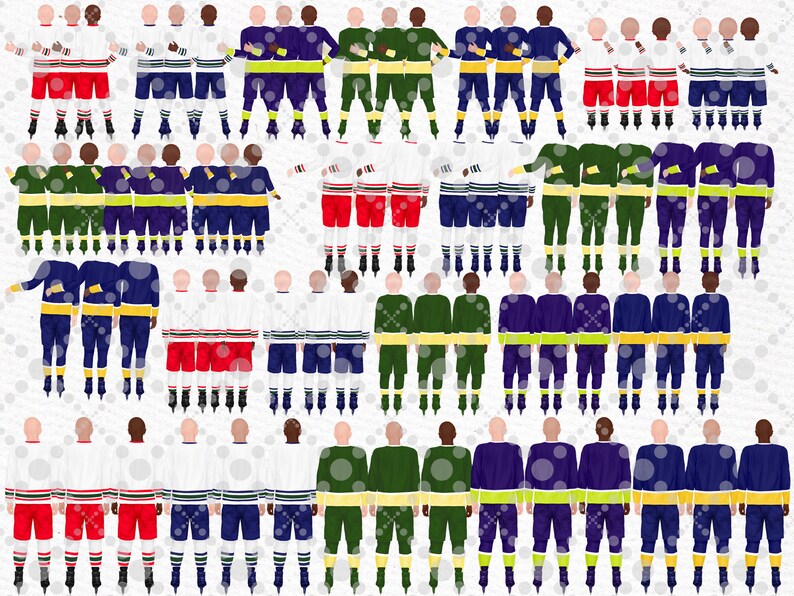 May include: A digital illustration of 40 hockey players standing in rows, wearing different colored jerseys. The players are all facing the viewer and have their arms around each other. The background is white with a pattern of white circles.
