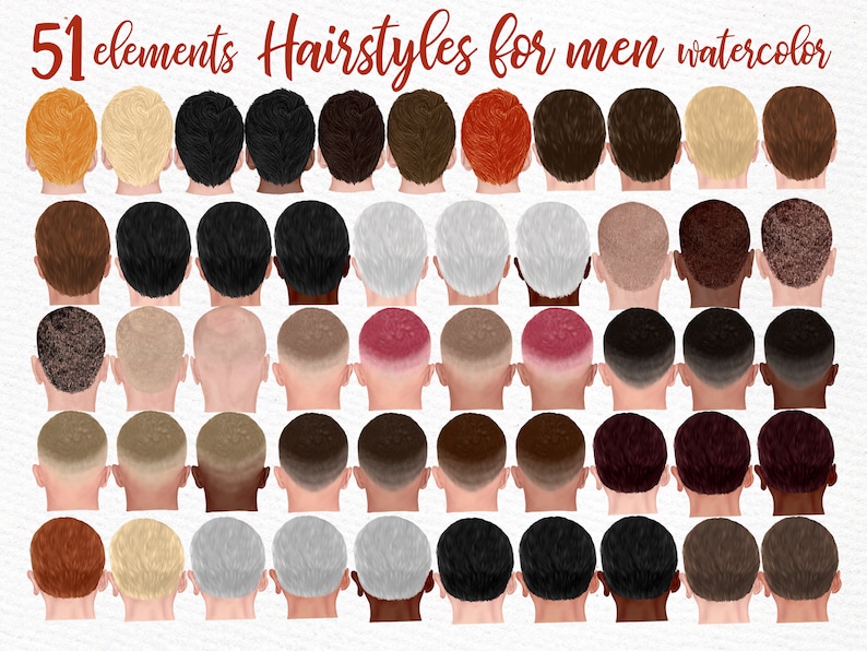 Puede incluir: 51 ilustraciones de acuarela de diferentes peinados para hombres. Las ilustraciones son de la parte posterior de la cabeza y muestran una variedad de longitudes de cabello, estilos y colores.