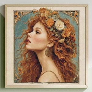 May include: Framed artwork featuring a profile of a woman with long, flowing red hair and a floral crown. The artwork has a vintage aesthetic, with a teal background and ornate border. The woman wears a gold necklace and earrings.