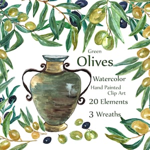 Watercolor Olives Clipart: &quot;OLIVES CLIP ART&quot; Olives wreaths Floral clipart Hand painted clipart amphora kitchen decor Instant download