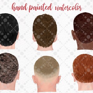 Puede incluir: Seis ilustraciones de acuarela de la parte posterior de la cabeza de una persona con diferentes colores y estilos de cabello. Los colores de cabello incluyen negro, marr&oacute;n, marr&oacute;n oscuro, marr&oacute;n claro, rojo y una cabeza rapada.