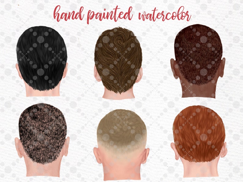 Puede incluir: Seis ilustraciones de acuarela de la parte posterior de la cabeza de una persona con diferentes colores y estilos de cabello. Los colores de cabello incluyen negro, marr&oacute;n, marr&oacute;n oscuro, marr&oacute;n claro, rojo y una cabeza rapada.
