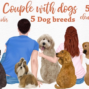 People with dogs clipart: "DOG CLIPART" Dog breeds Couple clipart Sunset landscape Pet clipart Dog graphics, Dog Bundle, Dog lovers gift