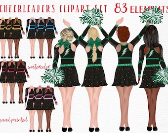 May include: Watercolor clipart set of cheerleaders in black and green uniforms with white pom-poms. The cheerleaders are wearing black skirts, green tops with a lightning bolt design, and white pom-poms. The set includes 83 elements.