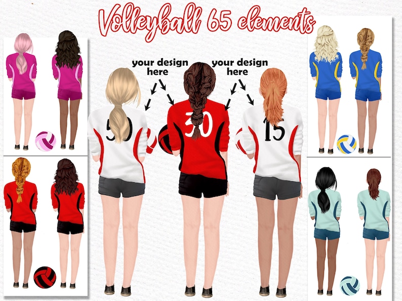 May include: Six female volleyball players wearing different colored jerseys with numbers on the back. The players are standing in two rows of three. The players in the back row are wearing blue, yellow, and red jerseys. The players in the front row are wearing white, red, and blue jerseys. Each player is holding a volleyball.