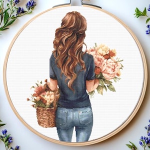 Girl with flowers cross stitch pattern Pdf: &quot;GIRL CROSS STITCH&quot; Flower Cross Stitch Pattern Girl Cross Stitch Women and flowers cross stitch