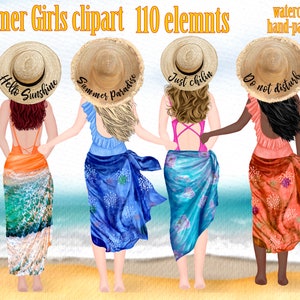 Zomermeisjes clipart: "BEACH GIRLS CLIPART" Beste vrienden clipart Zomerafbeeldingen Strandsjaals Zwemkleding meisje Zwemsuites Zomermokken Png