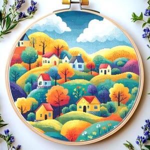 Whimsical Village Cross Stitch Pattern: Landscape Needlepoint (PDF)