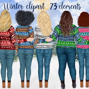 Winter Girls Clipart: "CHRISTMAS CLIPART" Diseño de taza de Navidad Clipart personalizable Bff clipart Suéteres a juego Escenario navideño