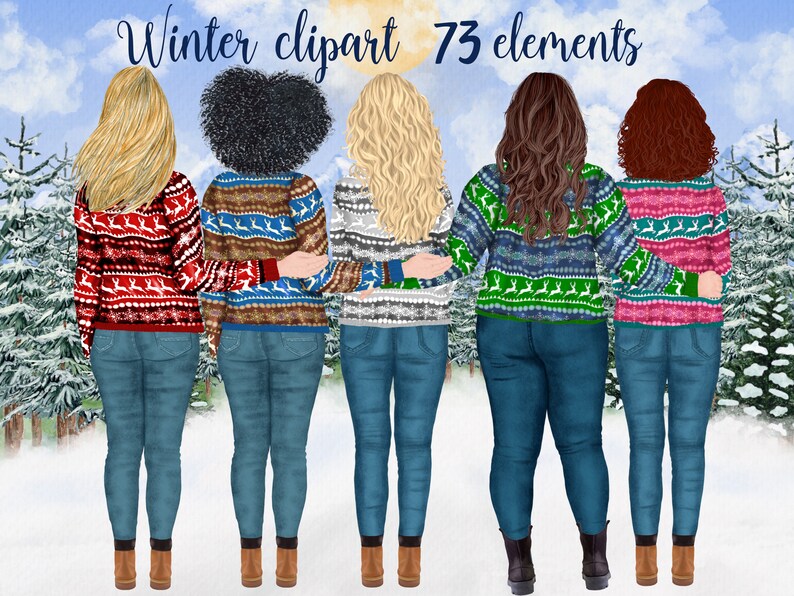 May include: Five women wearing winter sweaters with a reindeer pattern stand together in a snowy forest. The sweaters are red, blue, green, brown, and pink. The women are wearing blue jeans and brown boots. The text "Winter clipart 73 elements" is at the top of the image.
