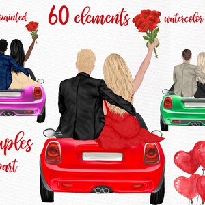カップルのクリップアート: 「バレンタイン カップル」 ボーイフレンド ガールフレンド カップルのポートレート 水彩画 人物 婚約クリップアート 愛のクリップアート レトロカー PNG