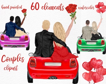 Couples Clipart: "VALENTINES COUPLES" Boyfriend Girlfriend Couple portrait Watercolor People Engagement clipart Love clipart  Retro car Png