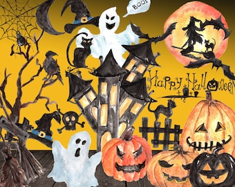 Akvarell halloween clipart: "HALLOWEEN CLIP ART" handmålad clipart Jack O'Lanterns thanksgiving clipart pumpa clipart häxa svart katt