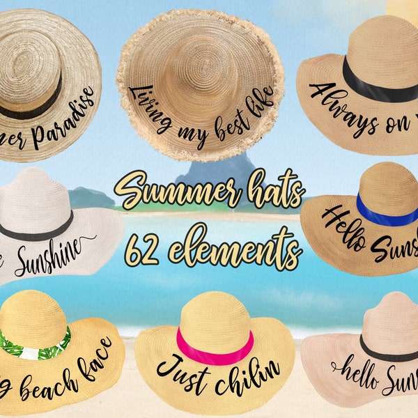 Clipart des chapeaux d’été: « CHAPEAUX DE PAILLE CLIPART » Coiffe de paille Citations de plage d’été Tenue de mode Clipart Chapeaux de femmes Chapeaux de soleil Png Chapeaux de plage Png