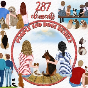 Paquete de personas con perros: "DOGS BUNDLE CLIPART" Razas de perros Imágenes prediseñadas de pareja Imágenes prediseñadas de amantes de perros Niños con cachorros Imágenes prediseñadas de mascotas Ilustraciones de perros