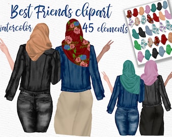 Clipart donne musulmane: "MUSLIM BEST FRIENDS" Bff clipart Hijab clipart Muslim girls Customizable clipart Custom besties Soul Sisters