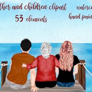 Moeder en kinderen clipart: "GROOTMOEDER CLIPART" Moederdag clipart Aquarel mensen familie clipart Beste vrienden Ocean dock landschap