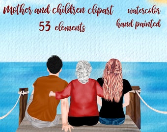 Mother and children clipart: "GRANDMOTHER CLIPART" Mother's day clipart  Watercolor people family clipart Best friends Ocean dock landscape