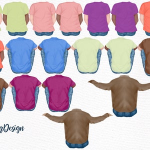 May include: A set of 15 digital illustrations of people sitting with their backs to the viewer. The illustrations are in various colours, including brown, pink, light blue, purple, and green. Each illustration has a different colour shirt and jeans.