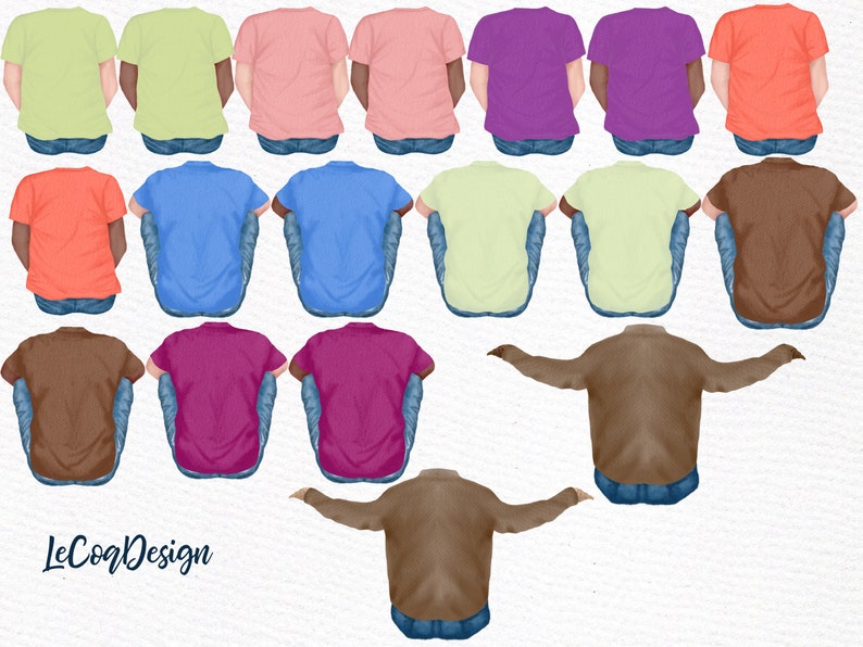 May include: A set of 15 digital illustrations of people sitting with their backs to the viewer. The illustrations are in various colours, including brown, pink, light blue, purple, and green. Each illustration has a different colour shirt and jeans.