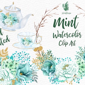 Mint akwarela clipart: "akwarela kwiaty" wesele clipartów kwiatowy kwiatowy wieniec kwiatowy kosz DIY zaprasza bukiety PNG kwiat PNG