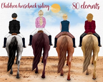 May include: Four children horseback riding. A boy in a black jacket rides a white and black horse. A girl in a pink and leopard print jacket rides a brown horse. A boy in a blue vest rides a brown horse. A girl in a red jacket rides a light brown horse. 80 elements.