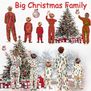Kerstfamilie clipart: "FAMILY CLIPART" Winter familie familie in pyjama kerstboom png kerstboom versieren kerst grafische uitnodiging