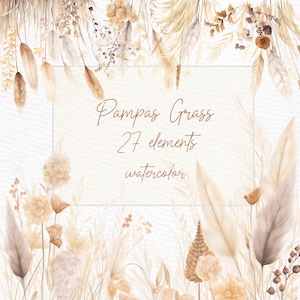 Boho Flowers Clipart: "BOHO PAMPAS GRASS" Fiori ad acquerello Inviti fai da te per matrimoni Boho Flowers Papmpas Bouquets Png Premade Clipart