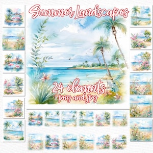 Clipart paysages d'été : « PAYSAGES DE PLAGE » Toile de fond de plage Mug paysages personnalisés Design modèle de Mug paysage tropical d'arrière-plan d'été