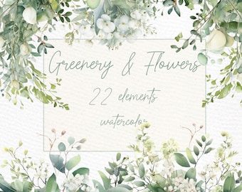 May include: Watercolor illustration of greenery and flowers. The image features 22 elements, including leaves, branches, and white flowers. The text "Greenery & Flowers 22 elements watercolor" is written in a light blue font on a white background.