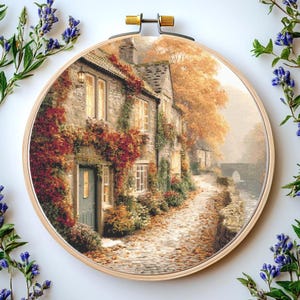 Fall Street Cross Stitch Pattern PDF – Autumn Cottage Landscap, Counted Cross Stitch Cozy Fall Embroidery Punto de Cruz Cottage Cross stitch
