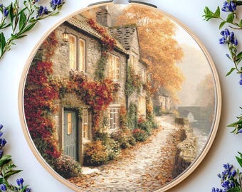 Fall Street Cross Stitch Pattern PDF – Autumn Cottage Landscap, Counted Cross Stitch Cozy Fall Embroidery Punto de Cruz Cottage Cross stitch