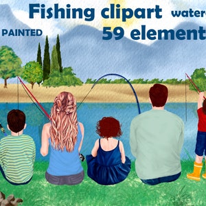 Pesca clipart: "PESCA FAMILIA" Día del padre clipart Padres y niños pesca fishing polo Lago Paisaje Pesca Gráficos familia Personas
