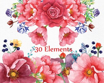 Watercolor clipart: "FLORAL CLIPART" Wedding clip art Floral clip art Roses Peonies clipart DIY elements wedding invitation