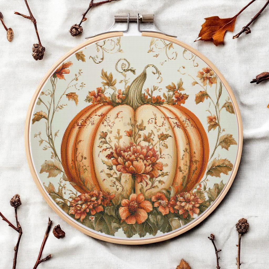 Floral Pumpkin Cross Stitch Pattern: Thanksgiving Harvest Embroidery ...
