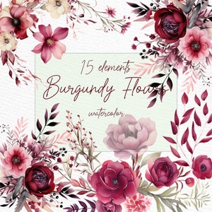 Clipart fleurs bordeaux : « Fleurs de pivoine Bordeaux » Bouquets bordeaux Graphismes de mariage Fleurs aquarelles Pivoine bordeaux Png