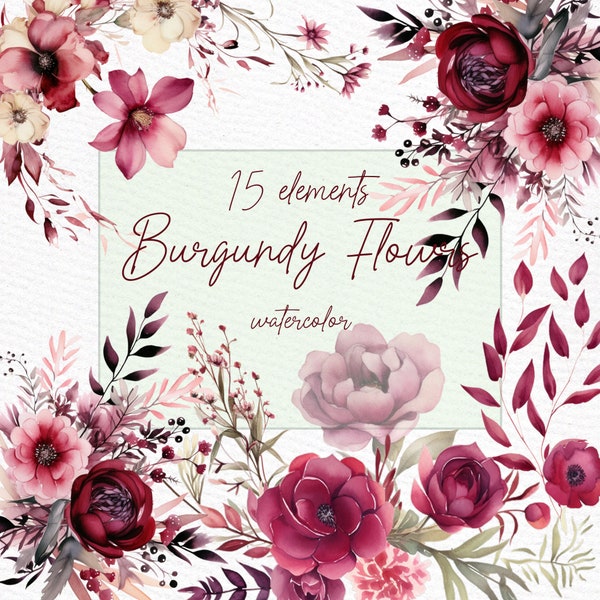 Burgundy Peony Flowers Clipart: Watercolor Maroon Bouquets (PNG)