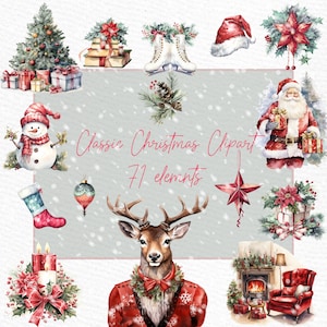 Christmas Clipart Bundle: &quot;WATERCOLOR CHRISTMAS CLIPART&quot; Christmas Tree Png Ornaments Clipart Christmas Deer Reindeer Png Xmas clip art