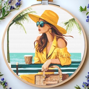 Girl Cross Stitch Pattern: &quot;GIRL DRINKING COFFEE&quot; Girl Cross Stitch Pdf Summer Girl cross stitch Fashion Girl Embroidery Modern Cross stitch