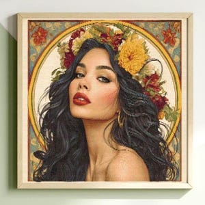 Girl with Flowers Cross Stitch Pattern: Alfons Mucha Art Nouveau (PDF Pattern)