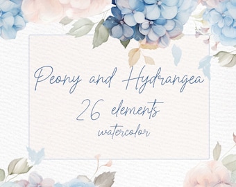 Clipart aquarel hortensia: bloemenboeketten, randen (digitale png-download)