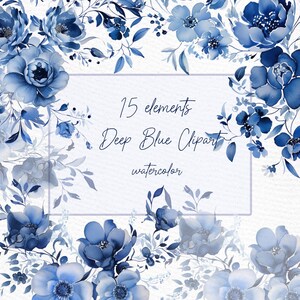 May include: Watercolor clipart featuring 15 deep blue floral elements. The flowers are in various stages of bloom, with some fully open and others in bud. The leaves are a lighter shade of blue and have a delicate, wispy texture. The background is a soft white.