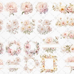 May include: A set of 16 watercolor floral illustrations featuring pink and white peonies, roses, and greenery. The illustrations include wreaths, borders, and single flowers.